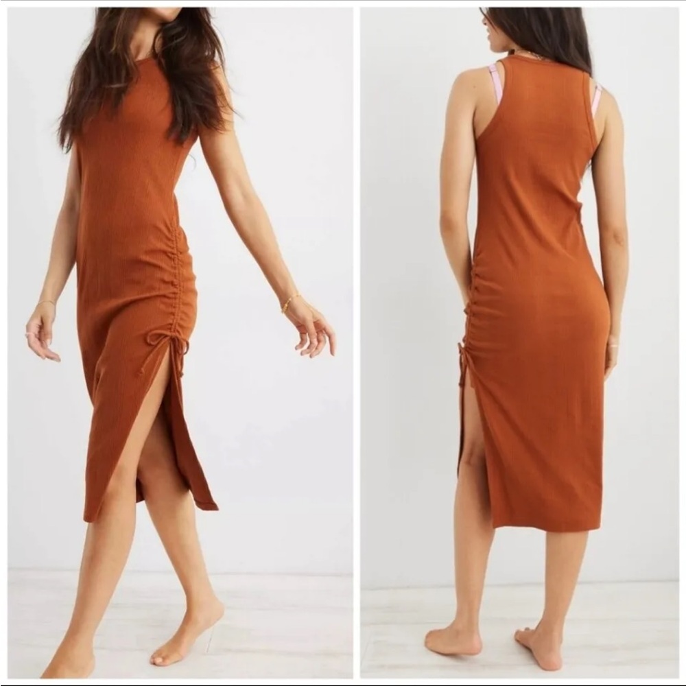 aerie Ribbed Midi Dress in Rust